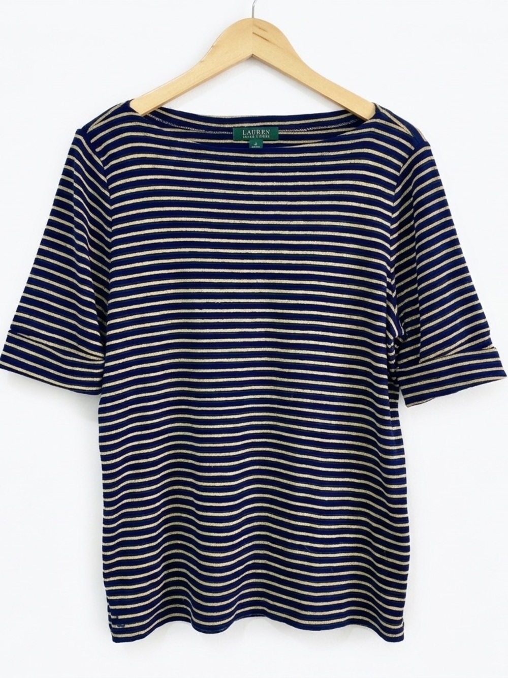Lauren Ralph Lauren Navy Gold Metallic Striped Boat Neck Top 1X Nautical Shimmer